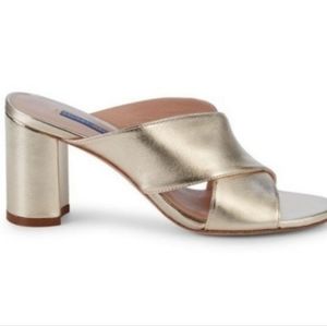 STUART WEITZMAN Galene Metallic Leather Block-Heel Sandals, Size 8.5